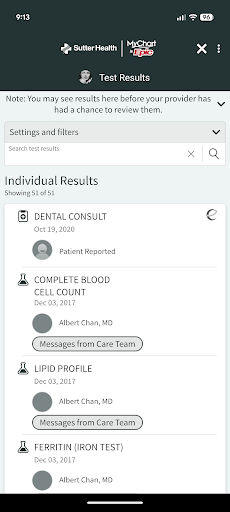 Sutter Health My Health Online screenshot