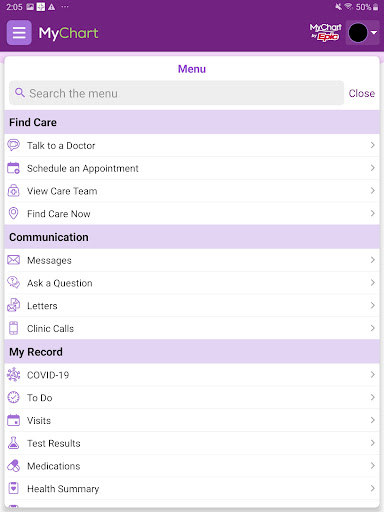 Trinity Health MyChart screenshot