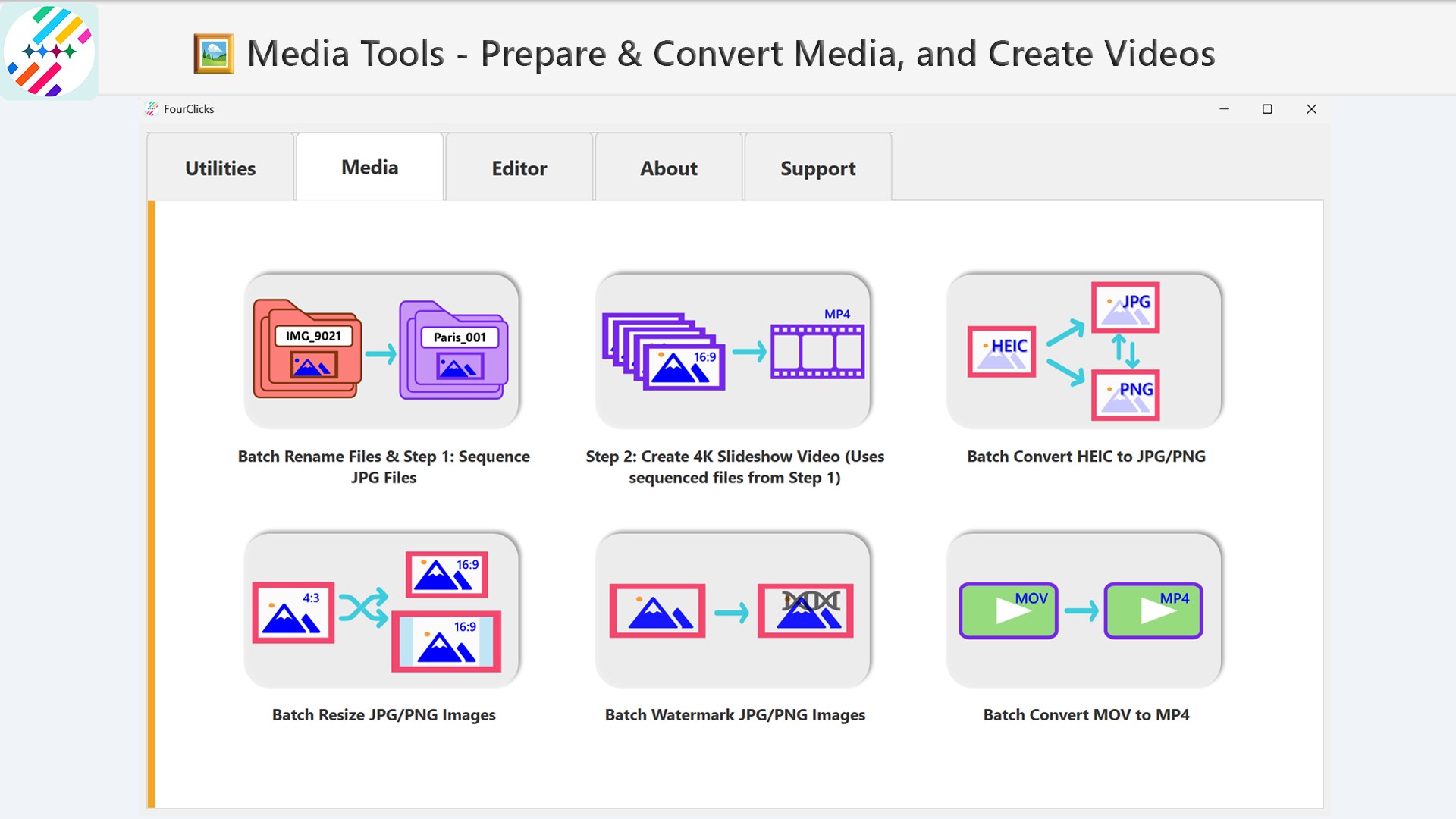 FourClicks Media: Essential Photo Organizer, Converter & 4K Slideshow Creator screenshot