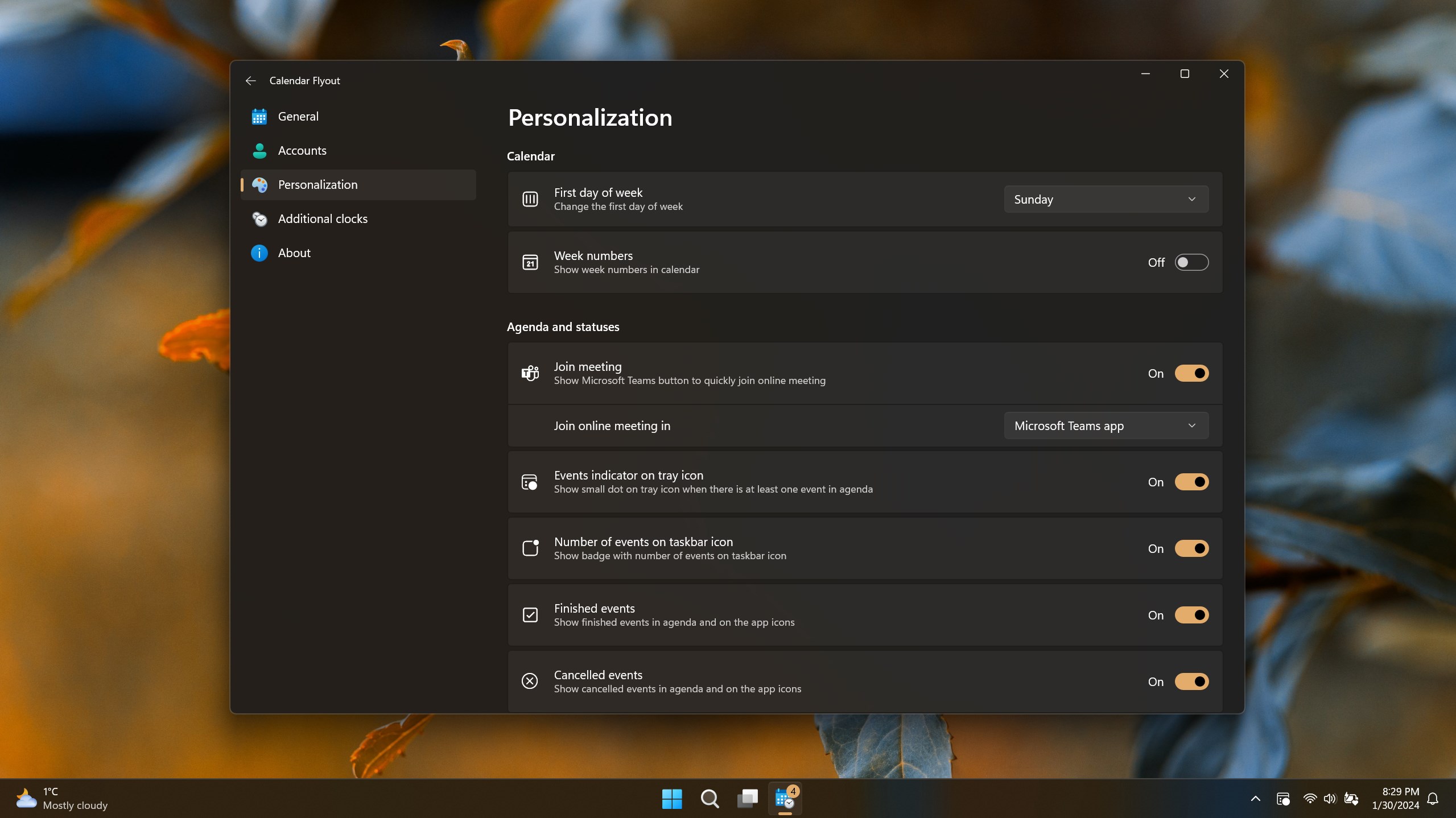 Calendar Flyout screenshot