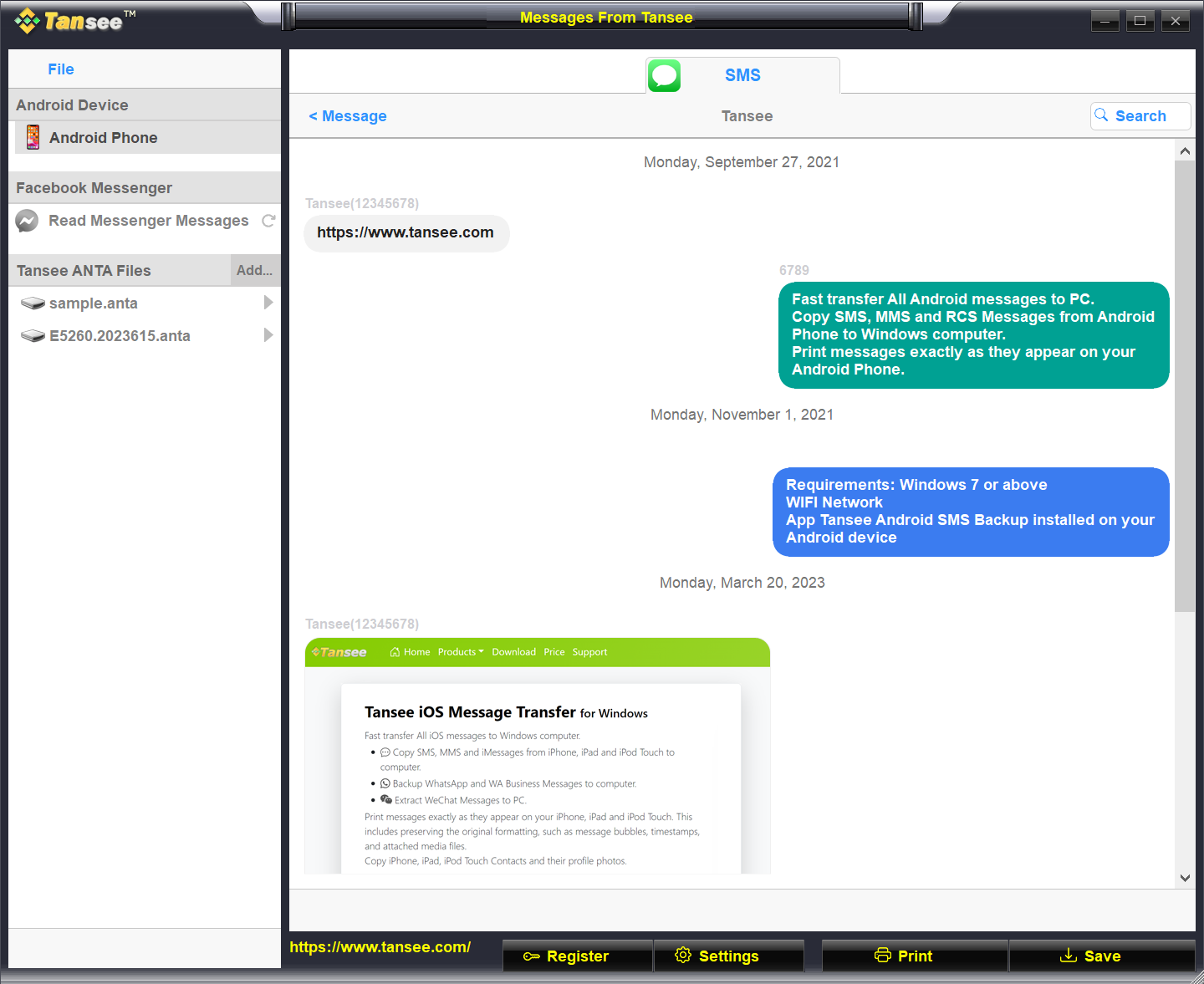 Tansee Android Message Transfer screenshot