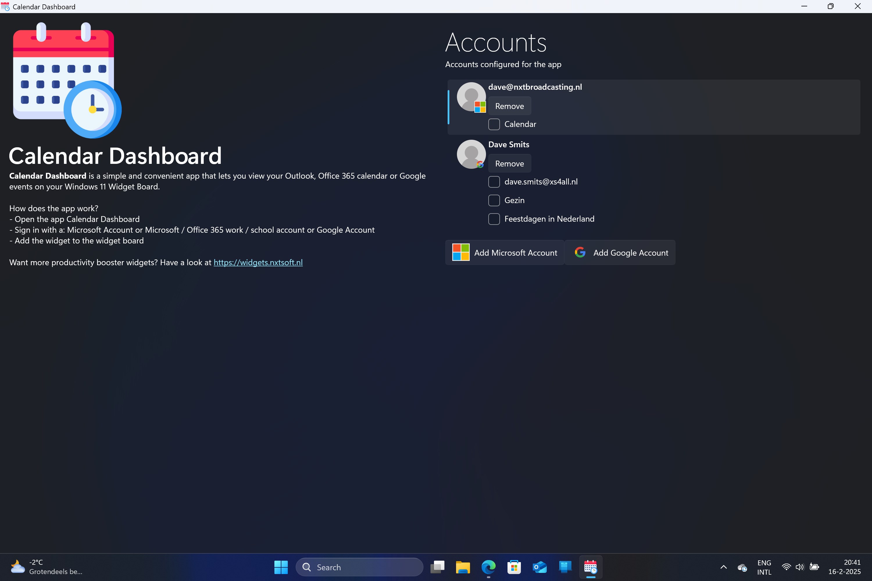 Calendar Dashboard screenshot