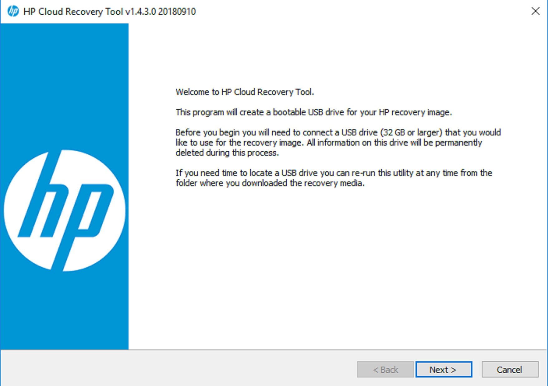 HP Cloud Recovery Tool screenshot