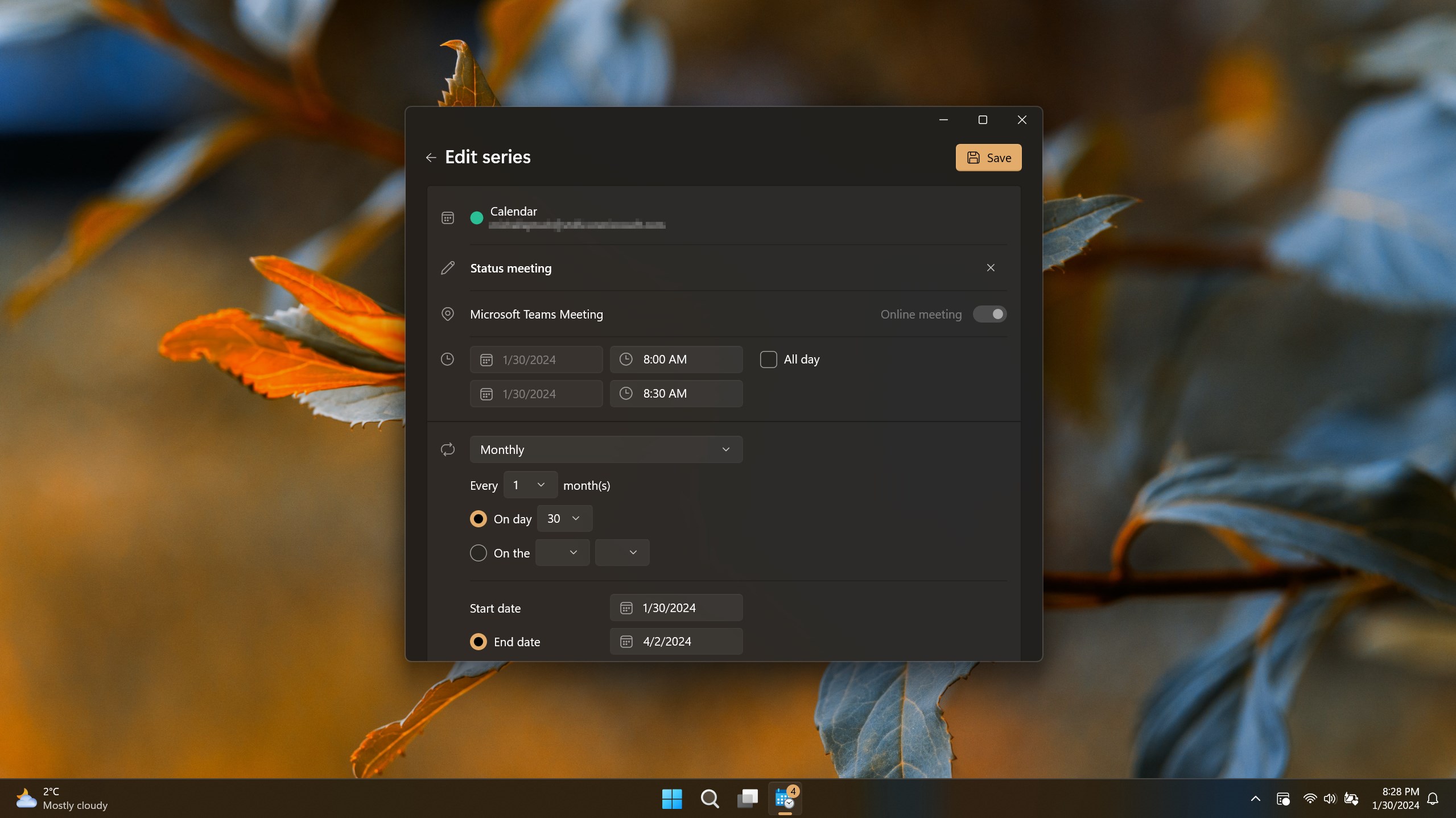 Calendar Flyout screenshot