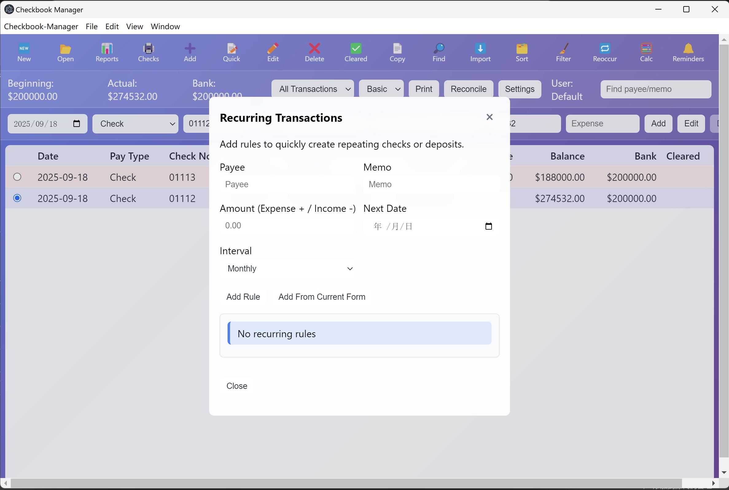 Checkbook Manager screenshot