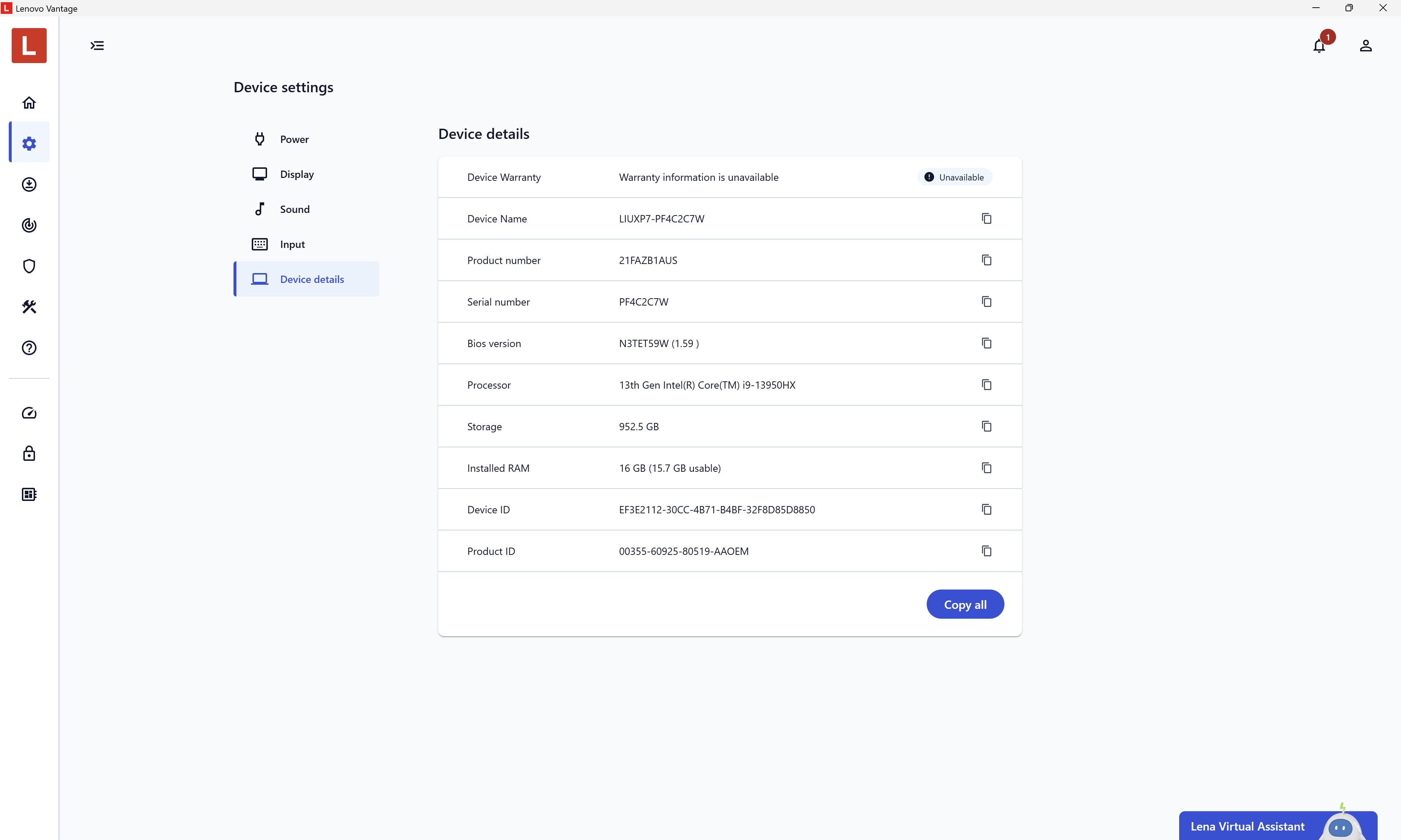 Lenovo Vantage screenshot