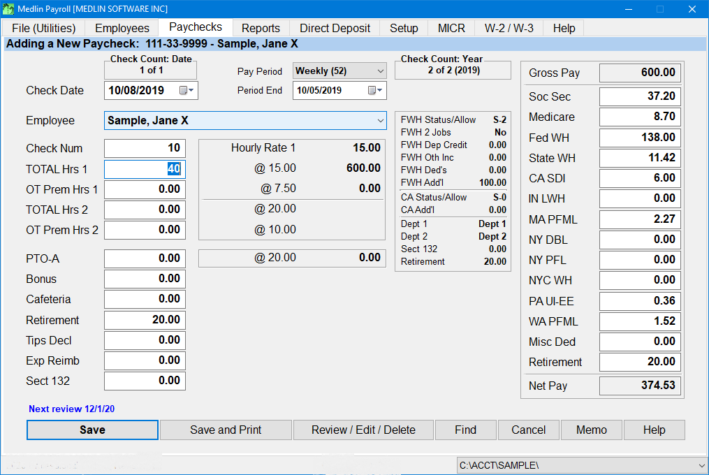 Medlin Payroll Software screenshot