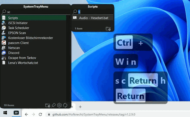 SystemTrayMenu screenshot