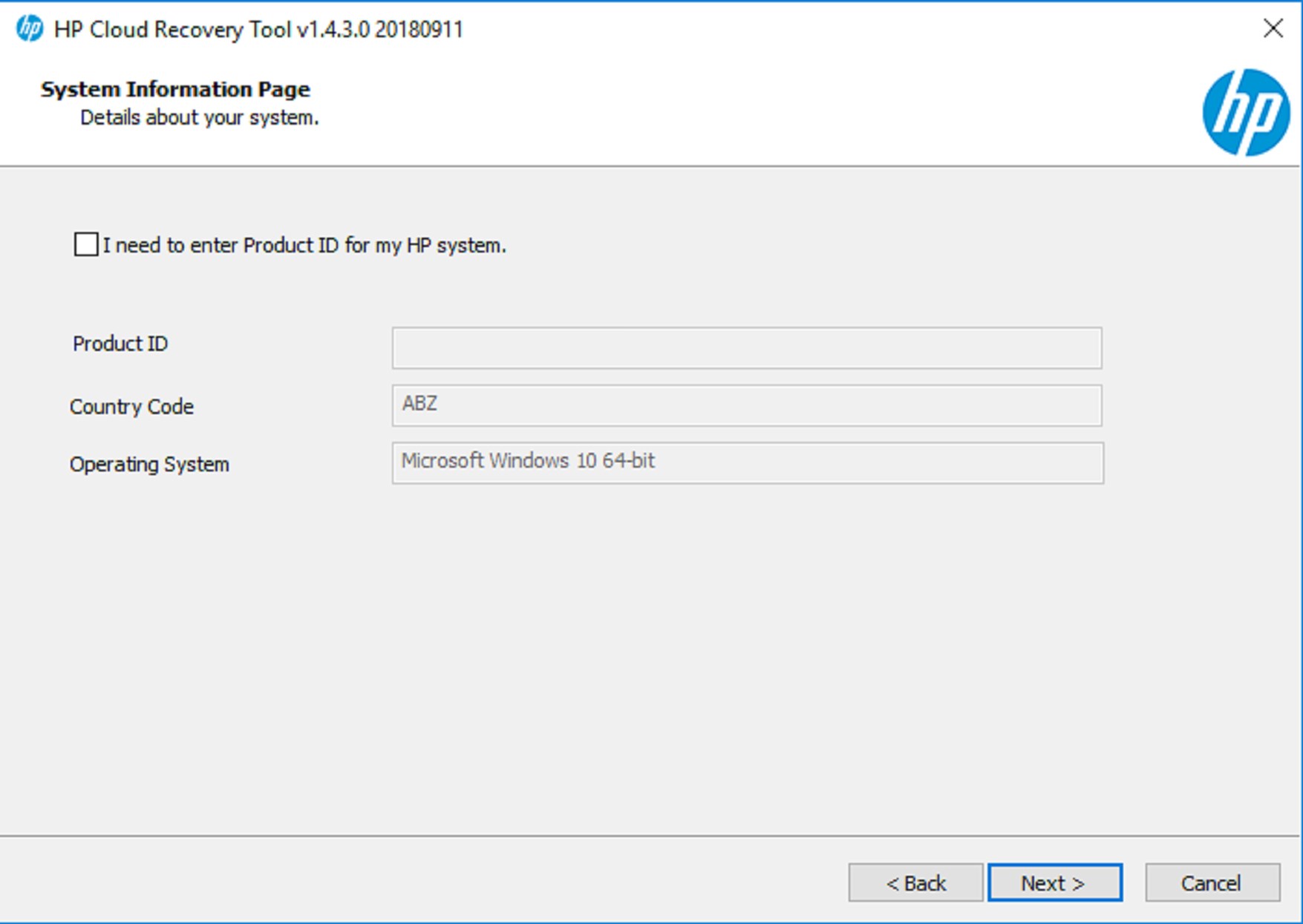 HP Cloud Recovery Tool screenshot